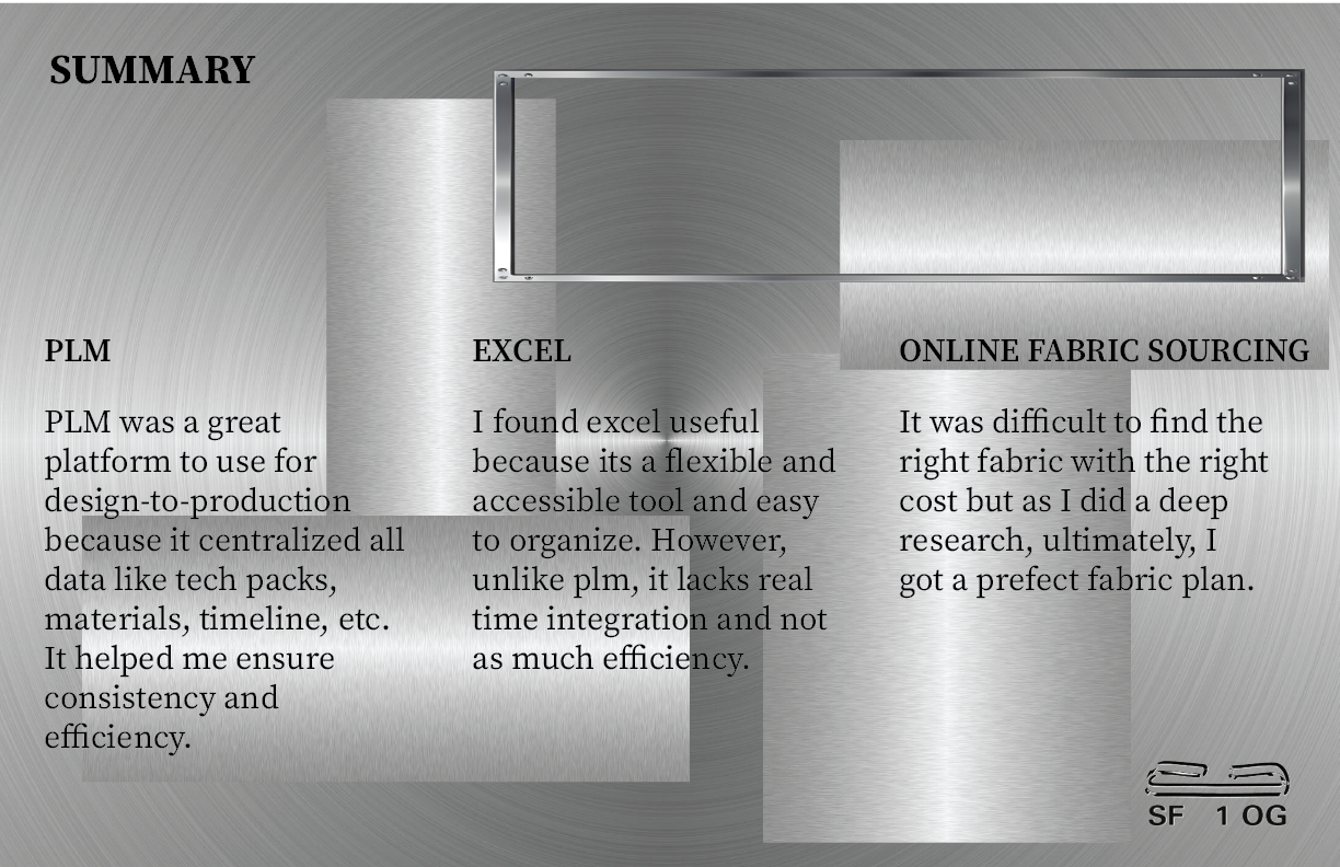 A presentation slide with a brushed metal background, titled 'SUMMARY' with three sections: 'PLM,' 'EXCEL,' and 'ONLINE FABRIC SOURCING.' Each section contains text discussing the benefits and challenges of each topic. A rectangular metallic frame is
