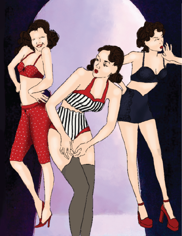 Three women in vintage pin-up style lingerie posing against a moonlit backdrop.