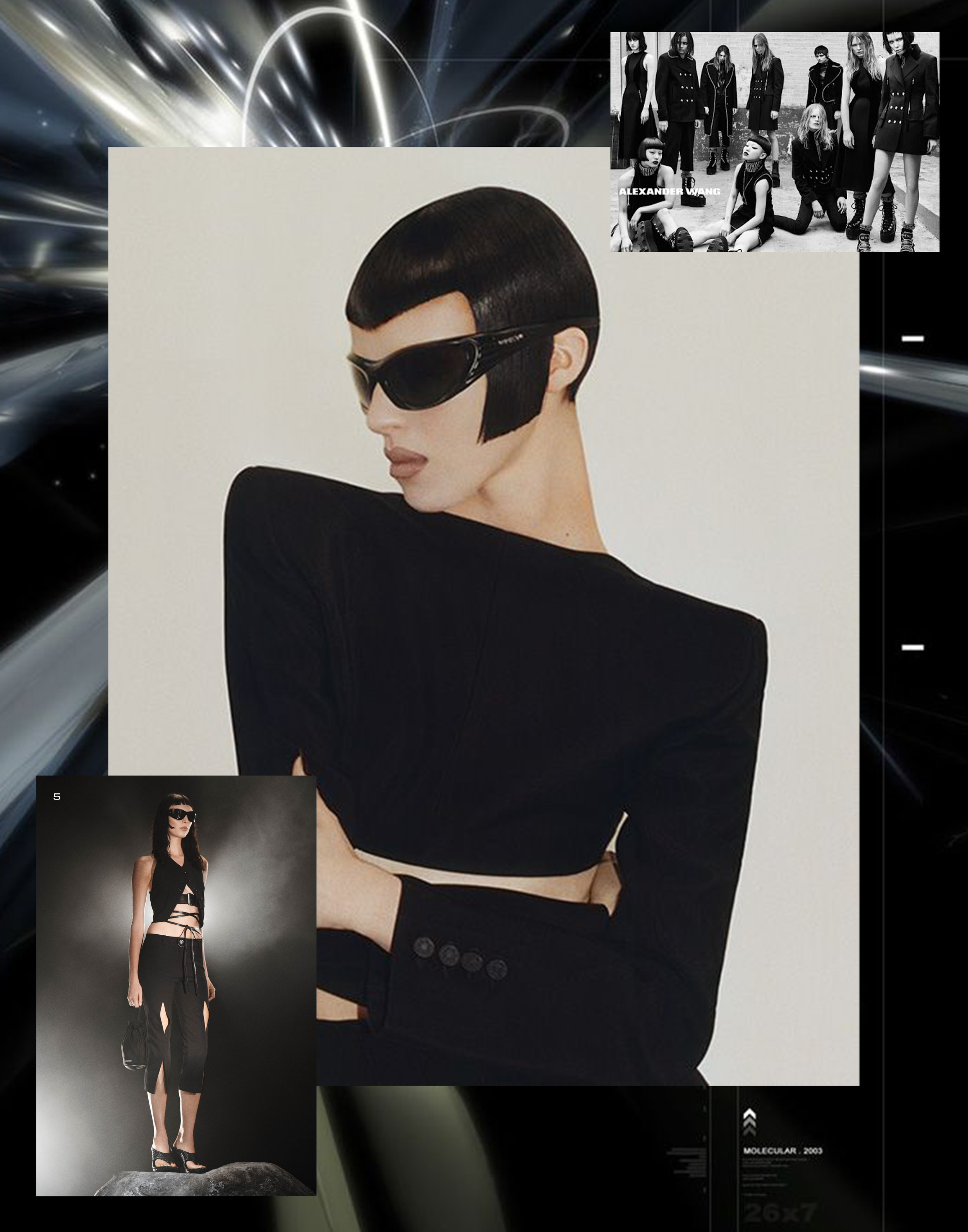 Fashion collage featuring a woman in black with short hair, sunglasses, and a sleek black outfit, along with smaller images of models in black fashion and accessories.