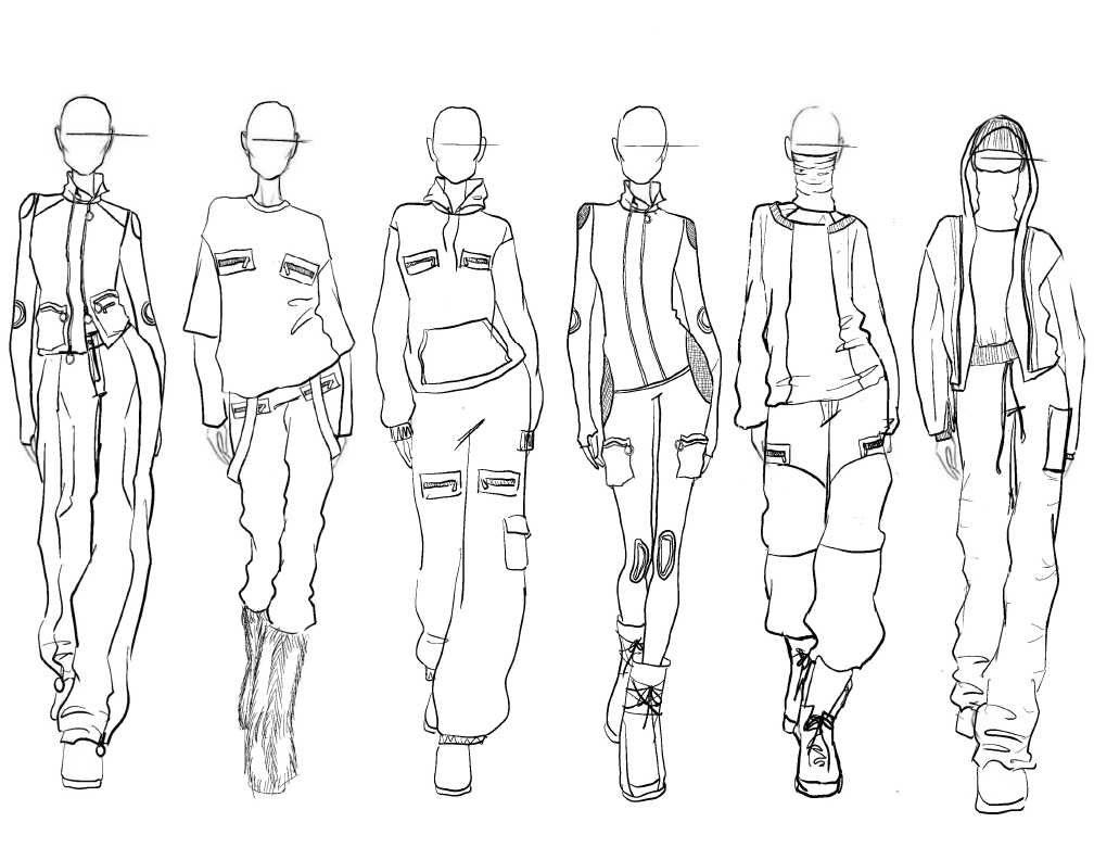 Line drawing of six fashion models wearing casual and sporty clothing with various jackets, pants, and footwear.