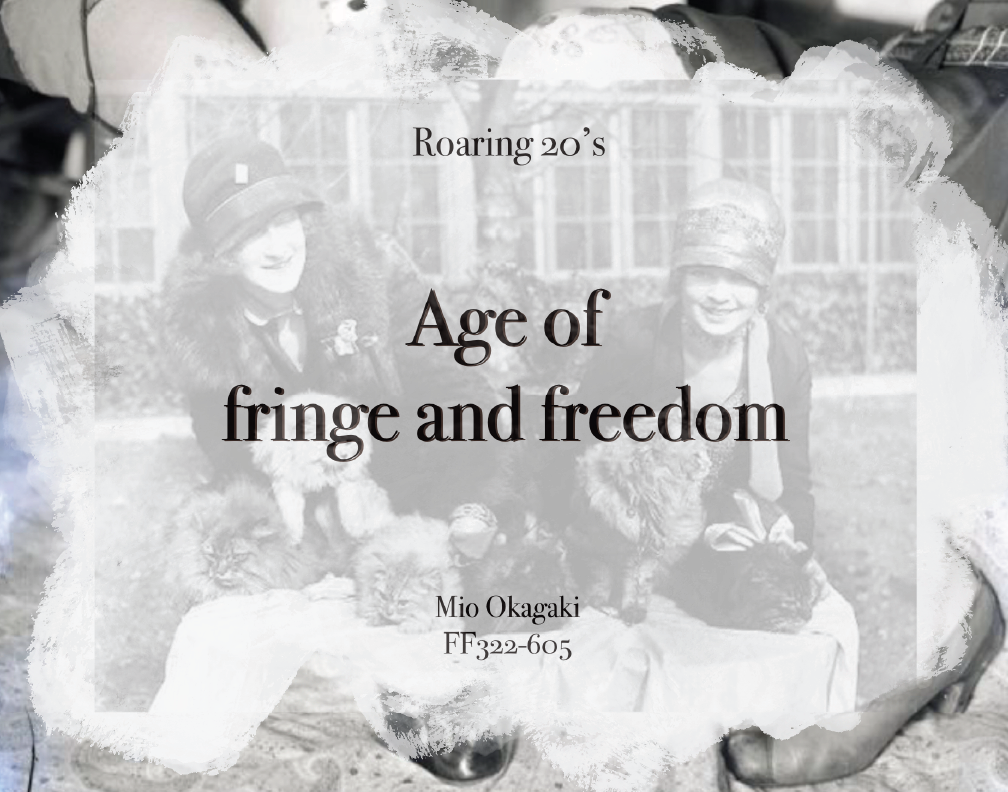 Book cover titled "Age of fringe and freedom" by Mio Okagaki, with a faded black and white photo of two children in vintage clothing and hats, smiling, outdoors.