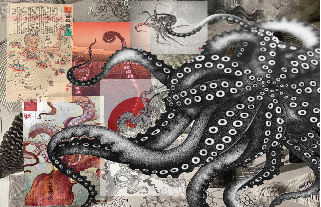A collage of traditional Japanese-style artwork featuring octopus illustrations, including a large black and white octopus in the foreground, with various ink and watercolor octopus drawings and Japanese text in the background.