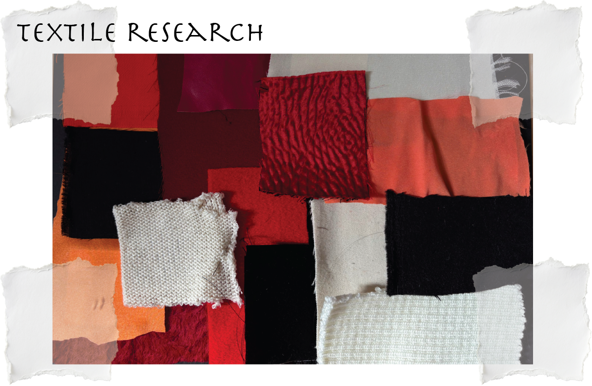 A collage of various fabric swatches in red, black, white, beige, and orange, with different textures and patterns.
