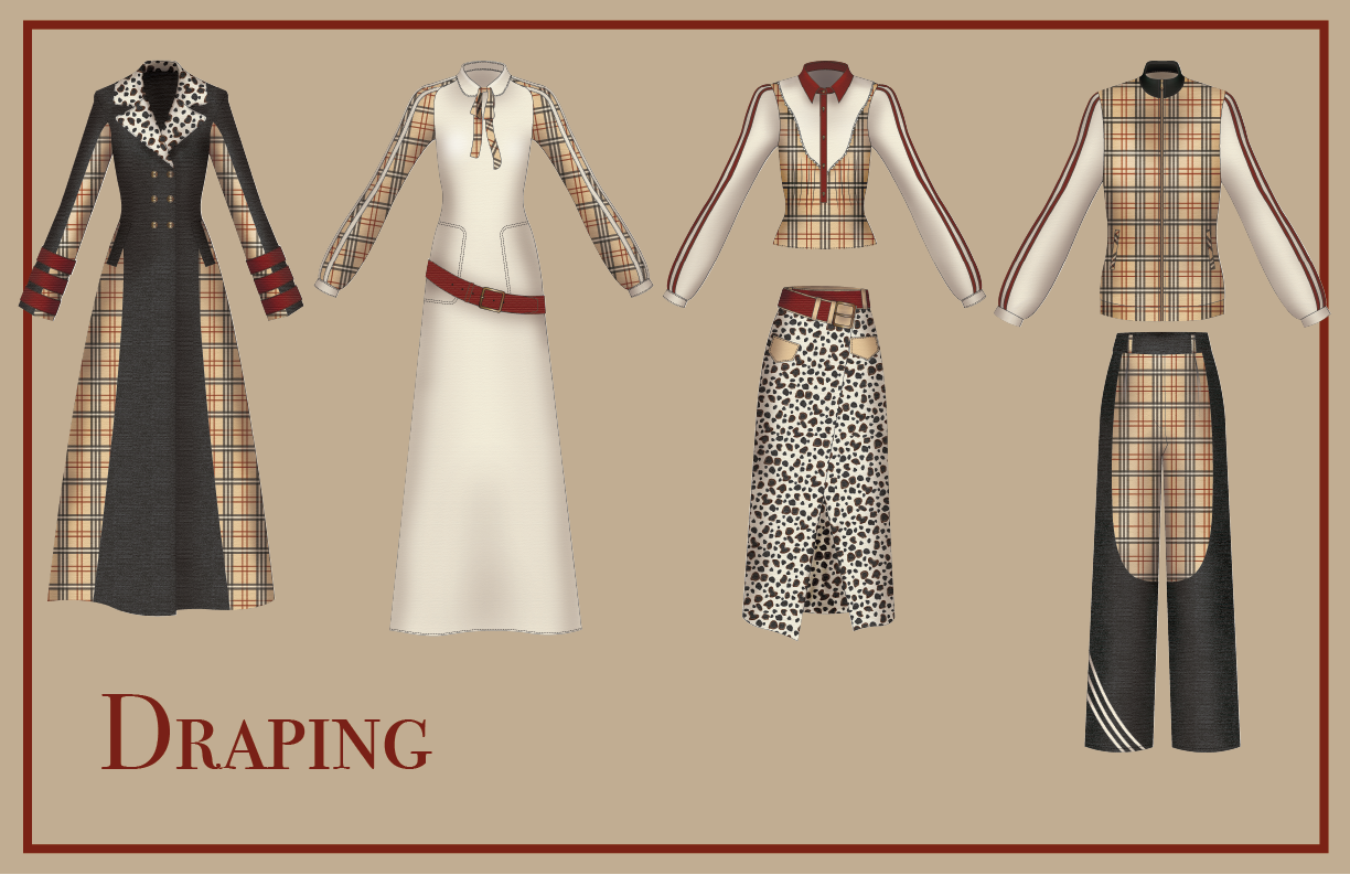 Collection of five fashion outfits featuring plaid, animal print, and solid fabrics with various designs and details. The word "Draping" is written in the bottom left corner.