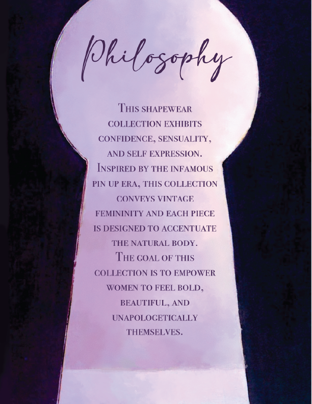 A sign shaped like a keyhole with a purple gradient background and black surrounding. The text on the sign talks about a shapewear collection inspired by the pin-up era, emphasizing confidence, sensuality, and self-expression to empower women.