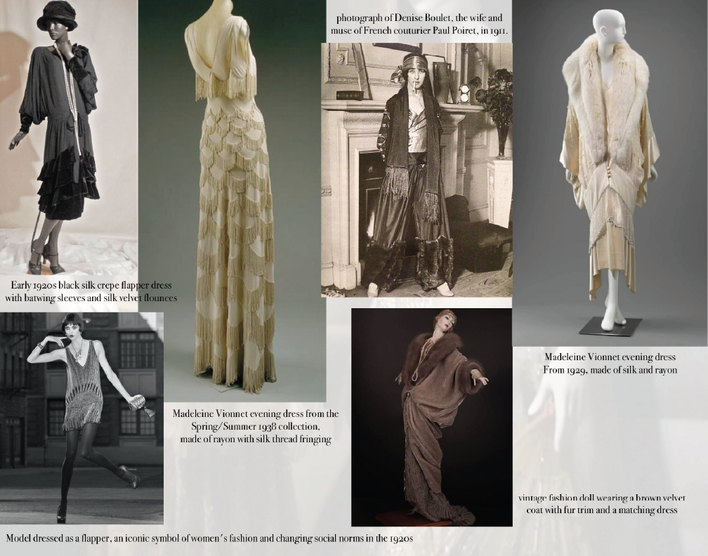 A collage of vintage and early 20th-century fashion outfits, including black silk crepe flapper dresses from the 1920s, a beige evening dress with silk velvet flounces from 1938, a black and white photo of a woman in a flapper dress from the 1920s, a