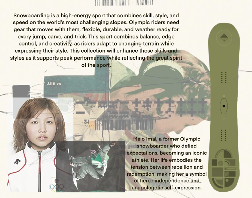 A snowboard with a graphic image of a female snowboarder in mid-air and an inset portrait of Melo Imai, a former Olympic snowboarder. The background contains text describing snowboarding and Imai's significance in the sport.