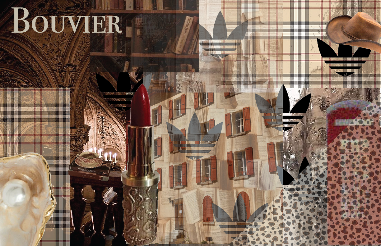 A collage of various items including a lipstick, a cowboy hat, a pearl in a ceramic shell, Burberry-patterned fabrics, an ornate library interior, windows with wooden shutters, and multiple black and gray stylized leaf logos.