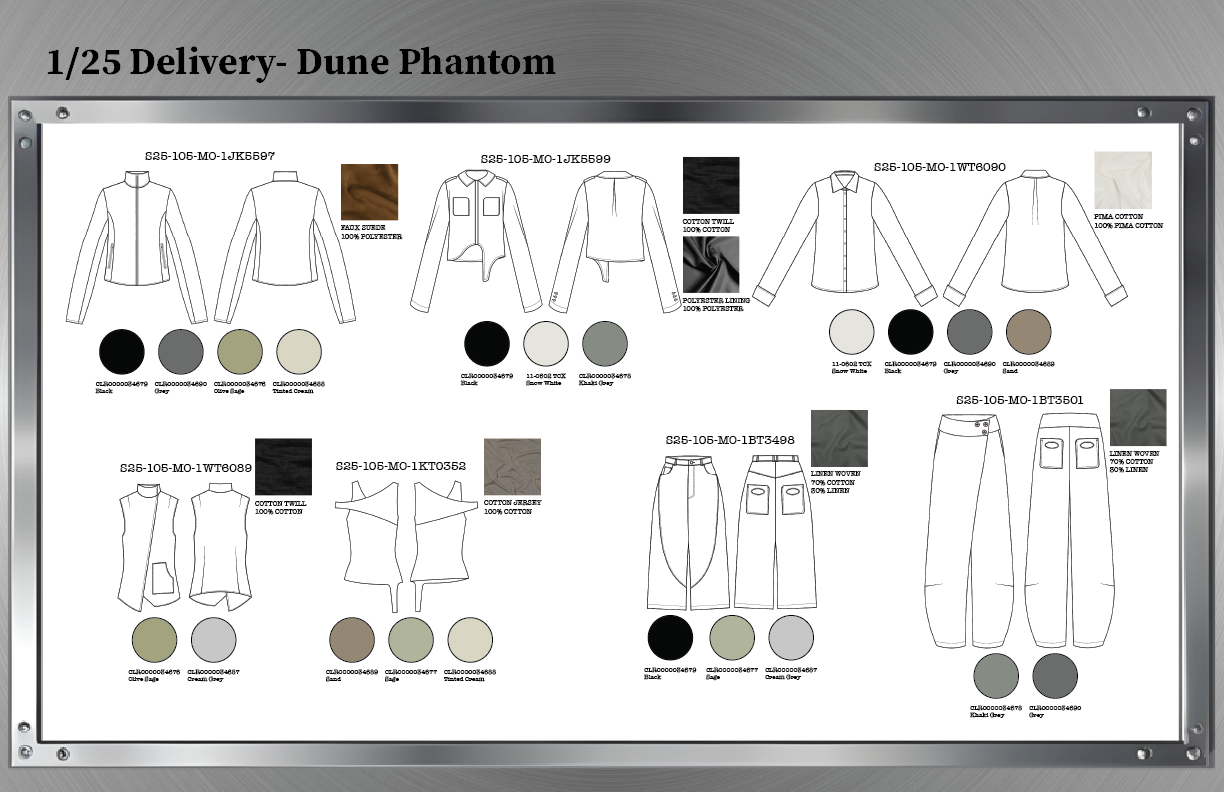 Technical drawing display of different clothing items with fabric swatches, color options, and material compositions for a fashion line titled '1/25 Delivery- Dune Phantom.'