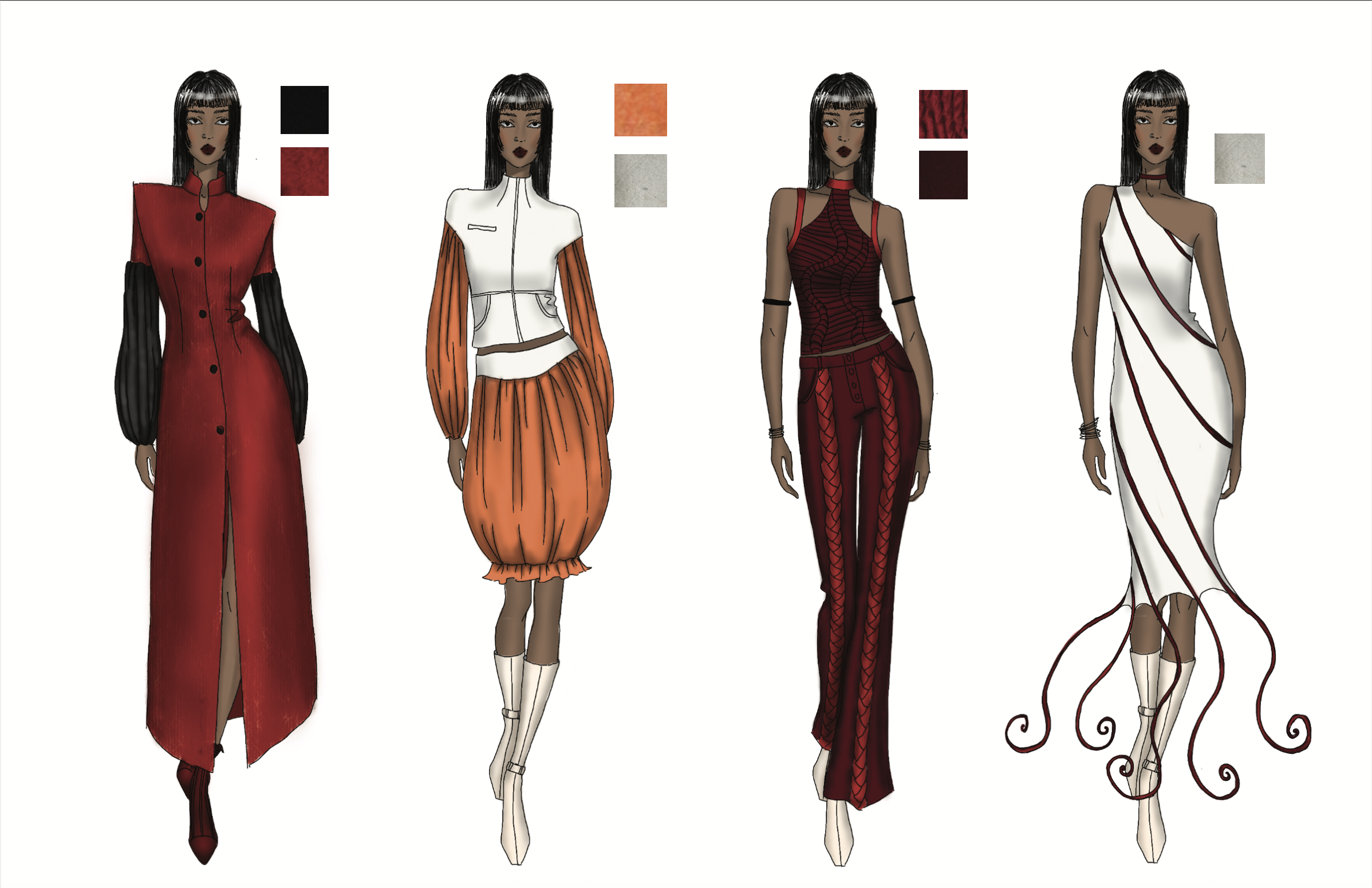 Digital fashion sketches of four female models wearing different outfits with color swatches above each, featuring red, orange, white, and black color schemes.