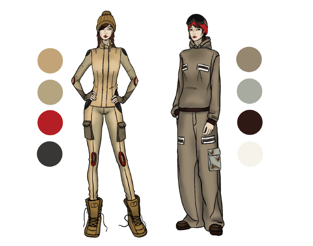 Illustration of two characters in outdoor winter clothing. The female character wears a beige jacket with black accents, tan pants with red and black patches, tan boots, and a brown beanie. The male character wears a khaki hoodie with pockets, matchi
