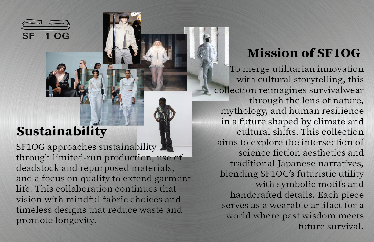 A collage of models wearing futuristic and sustainable fashion designs, along with text describing the mission of SF10G and its focus on sustainability, cultural storytelling, and innovation in survivalwear.
