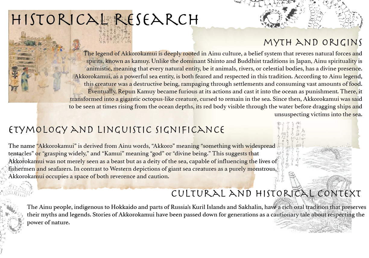 A digital collage combining images of ancient Japanese artwork, illustrations of sea creatures, and printed text discussing the myth and origins of Akkorokamui, a legendary sea creature in Ainu culture.