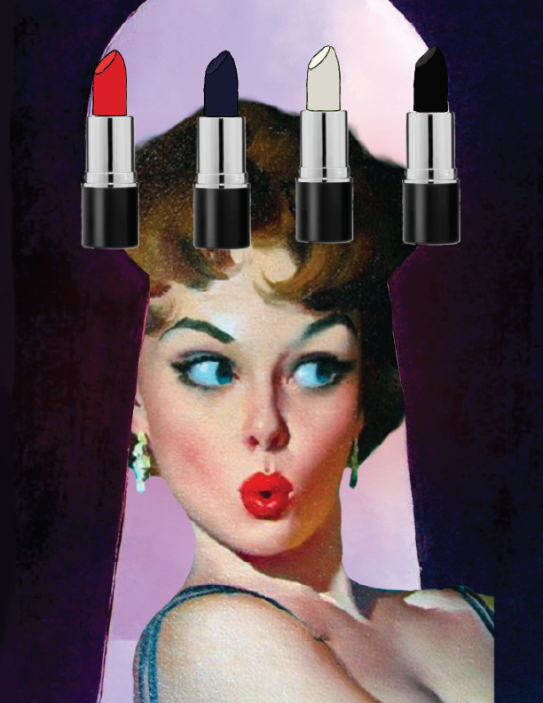 A vintage illustration of a woman with expressive eyes, red lipstick, and earrings, with four different colored lipsticks (red, navy blue, white, black) floating above her head.