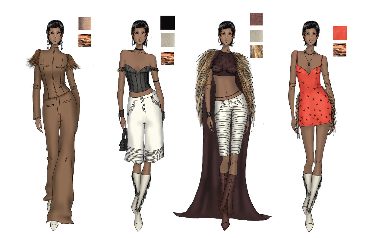 Four illustrated female models in fashionable outfits, each with different clothing and accessories, standing against a plain background.