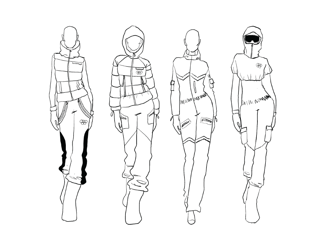 Line drawing of four female models wearing sportswear, including jackets, pants, and accessories like goggles, with the Olympic rings logo.