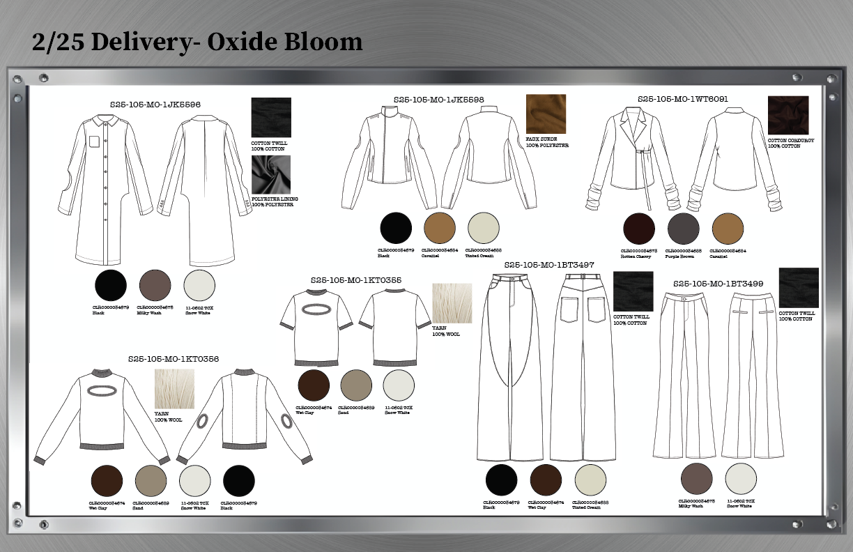 Design board with sketches and fabric swatches for various clothing items, including dresses, jackets, sweaters, and pants, under the title '2/25 Delivery - Oxide Bloom.'