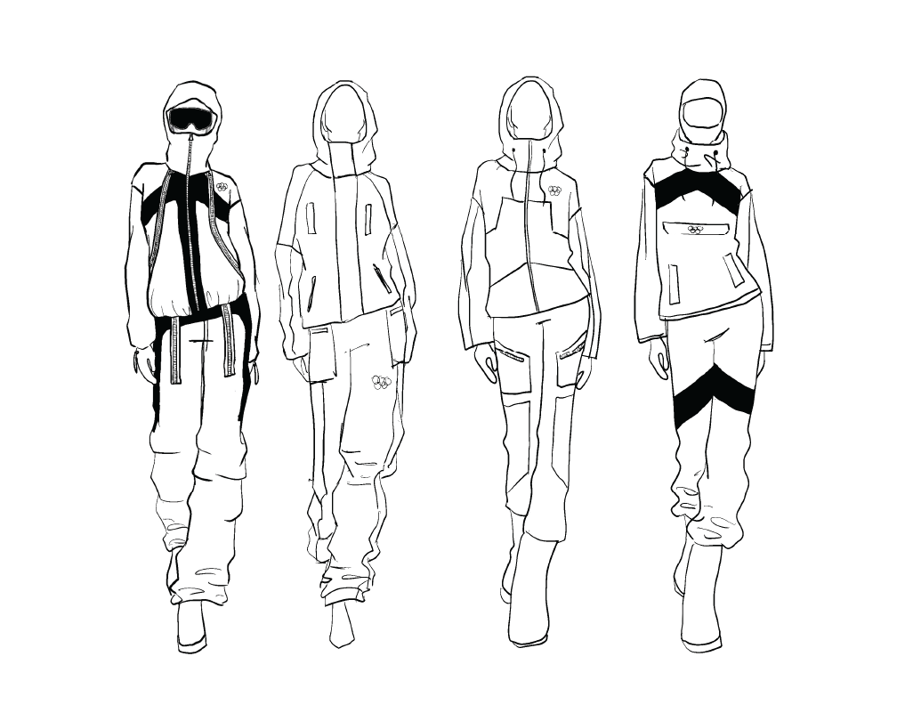 Line drawing of four women in winter sportswear, each wearing a jacket and pants, with hoods and boots, but faces are not visible.