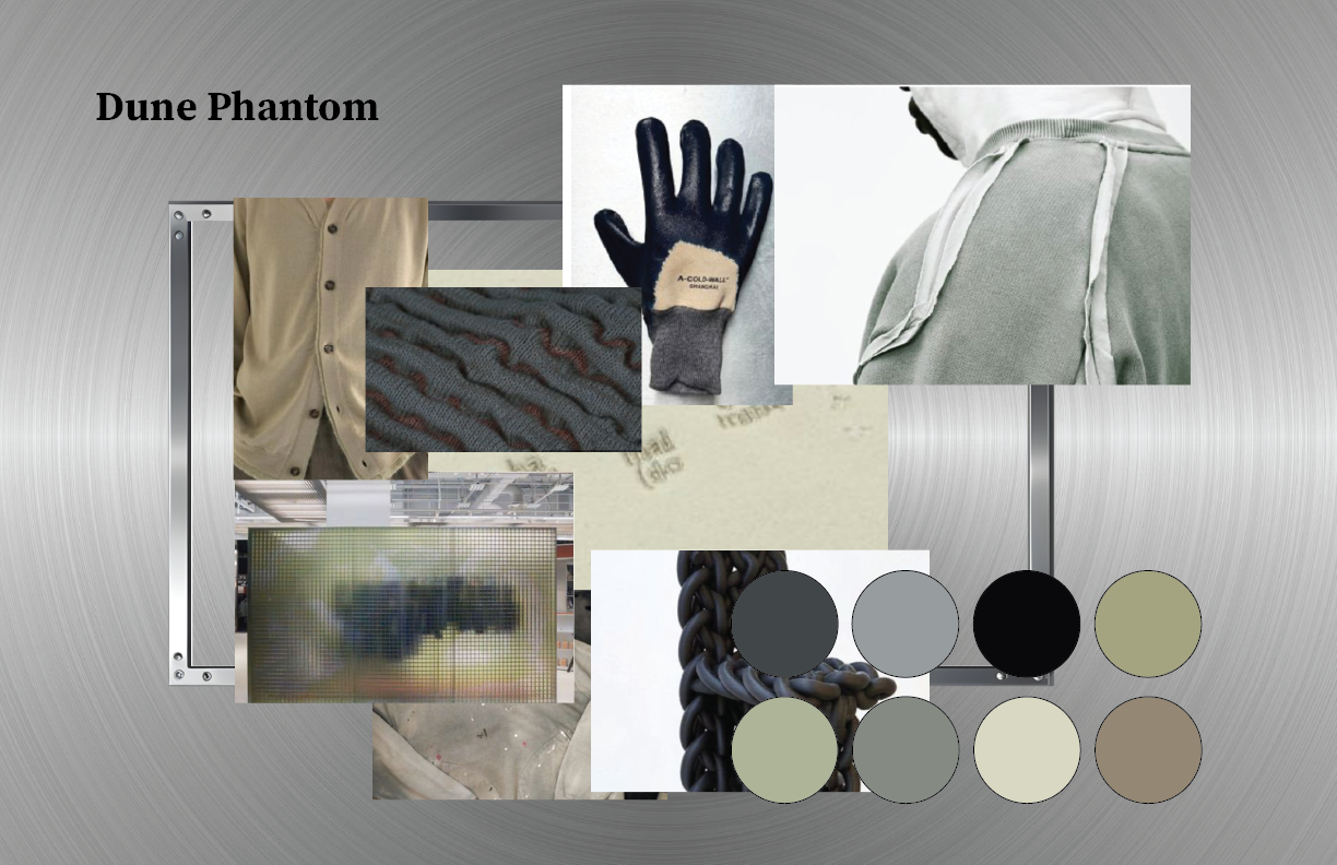Collage titled "Dune Phantom" featuring various textured and fabric materials, including a beige button-up shirt, a black and gray glove, a gray sweatshirt with a hood, a fuzzy textile, a pixelated image resembling a landscape, a chain, and a palette