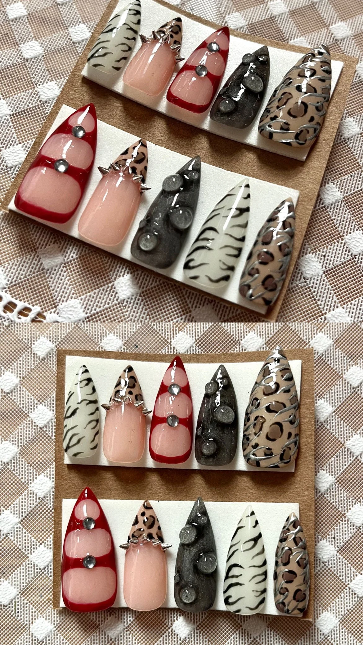 Two sets of decorative false nails with animal print and spike designs, displayed on white and brown backing cards.