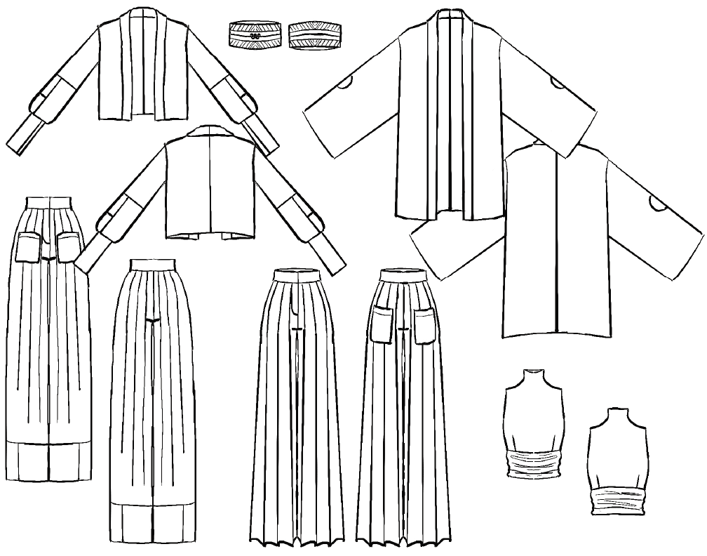Outline drawing of traditional Japanese kimono and hakama clothing with various pieces displayed separately, including tops, skirts, and accessories.