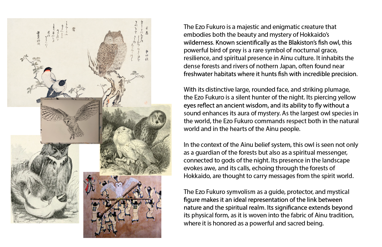 A collage featuring various traditional Japanese bird and owl illustrations, including a trio of small birds, a large owl perched on a branch, a drawing of an owl flying, and a scene of people performing a dance with a large object, all in a classica