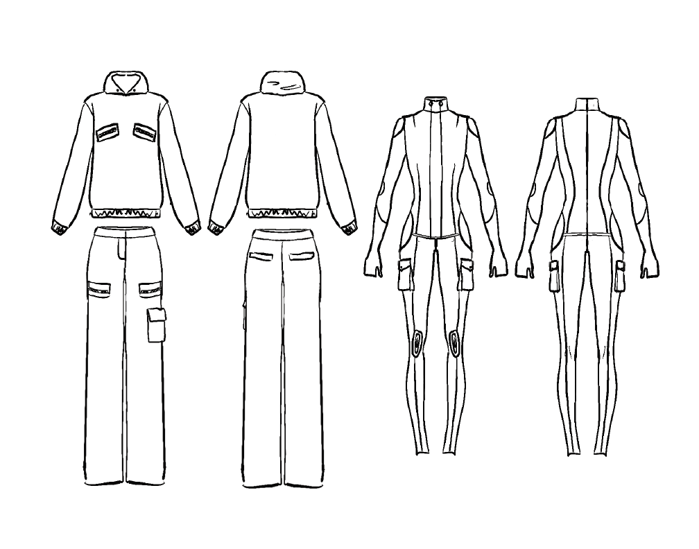 Line drawings of four different jumpsuits and pants with jackets, showcasing various styles and designs.
