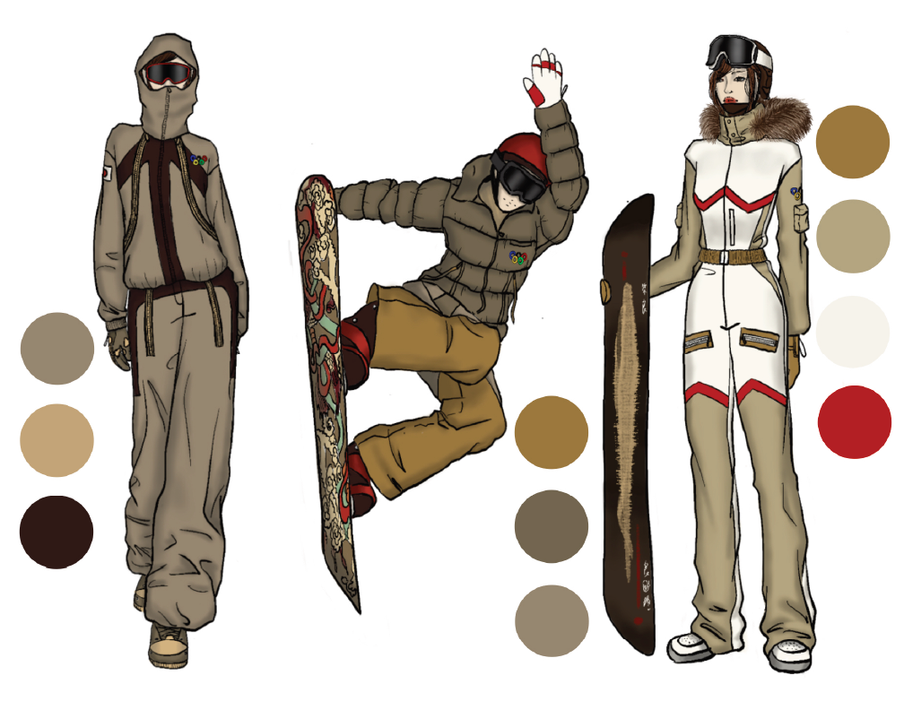 Three snowboarders dressed in winter gear, standing and mid-air, with a color palette of beige, brown, gray, red, and black.