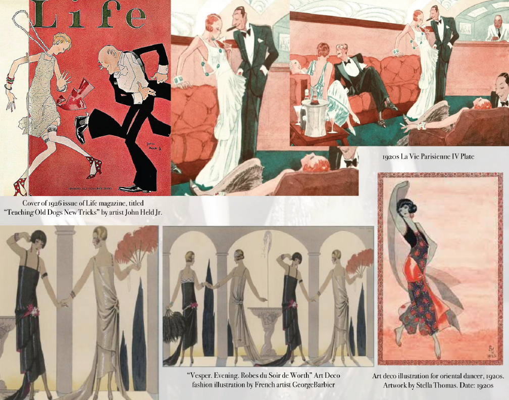 A collage of vintage-style illustrations depicting social and fashion scenes from the 1920s, including couples at a dance, women in evening gowns, and a dancer. The images are colorful and stylized, representing aspects of life, fashion, and entertai
