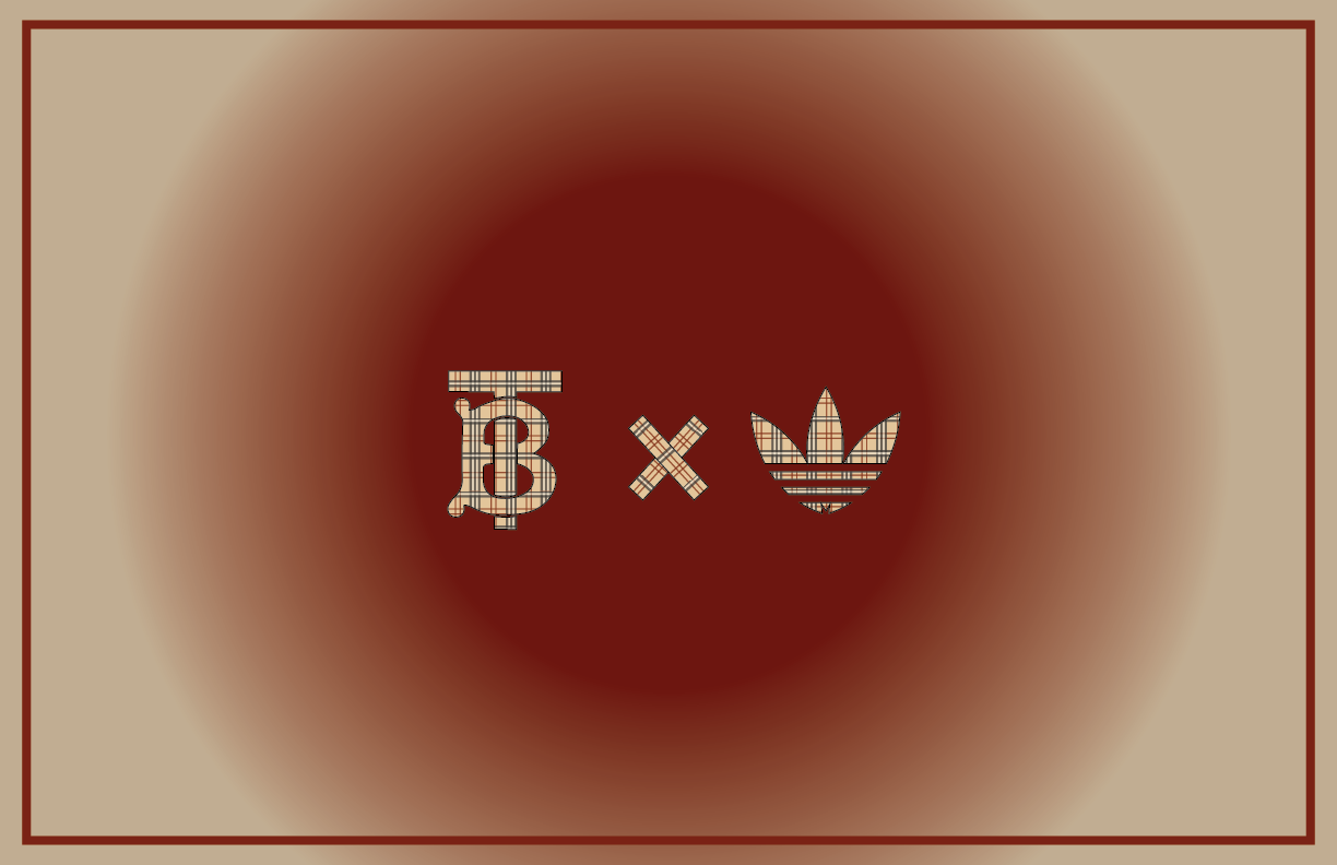 Graphics of a stylized letter 'B', a multiplication sign, and the Adidas trefoil logo, all with a plaid pattern, on a blurred gradient background.