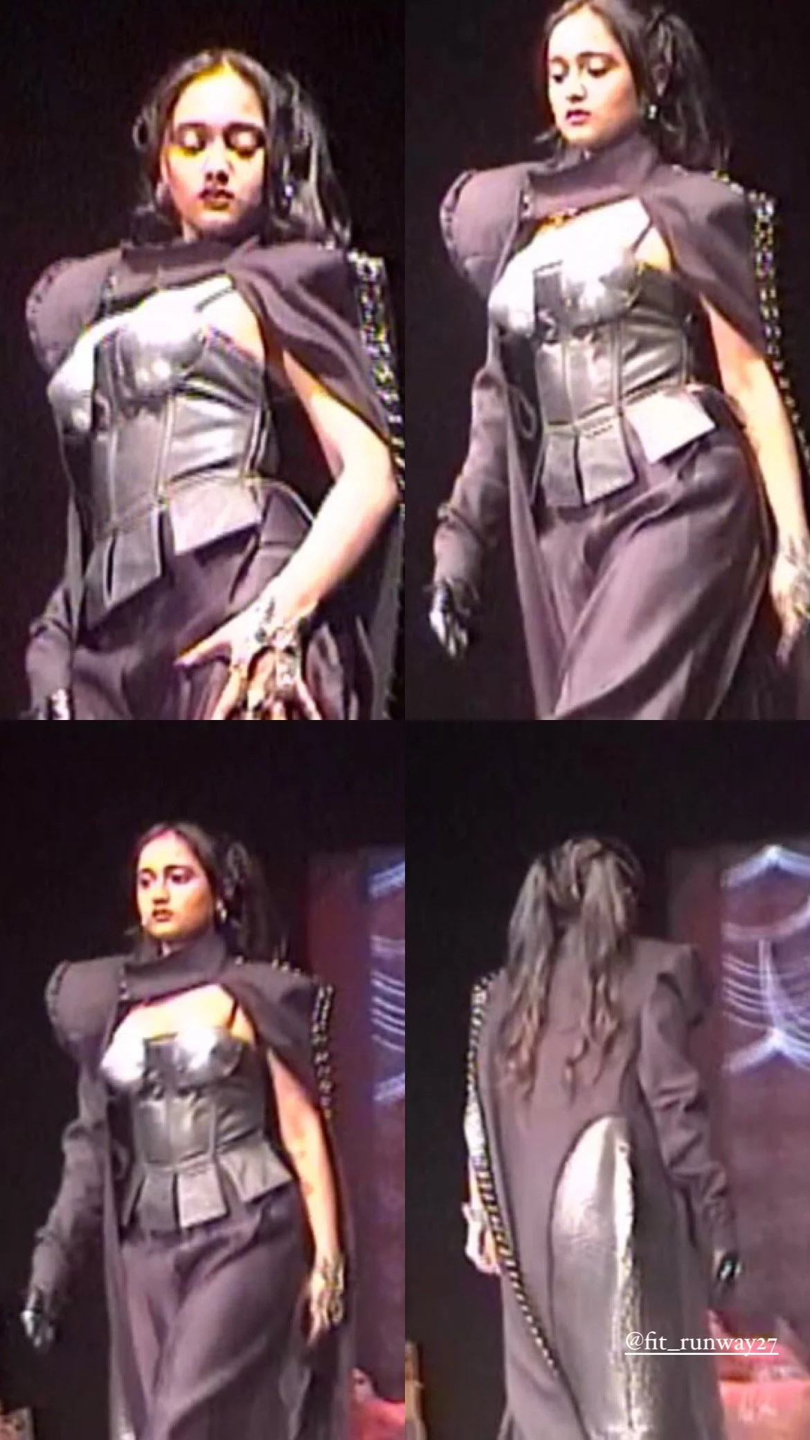 A model walking on a runway during a fashion show, wearing a dark outfit with a strapless top, high-waisted pants, a cape with embellishments, and gloves, shown from different angles.