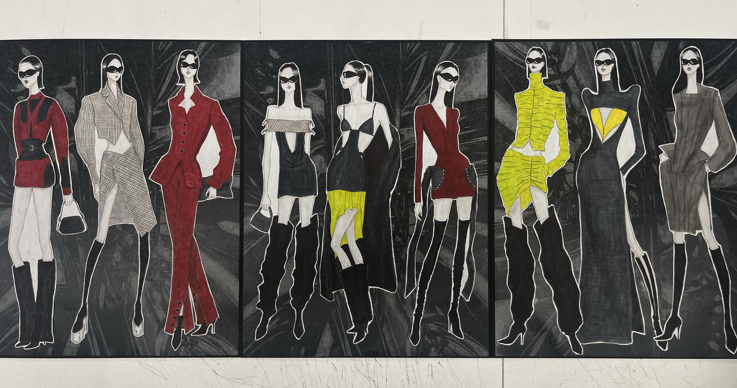 Illustration of nine fashion models wearing trendy outfits, some in red, black, yellow, and gray, with high heels and sunglasses, set against a dark background.