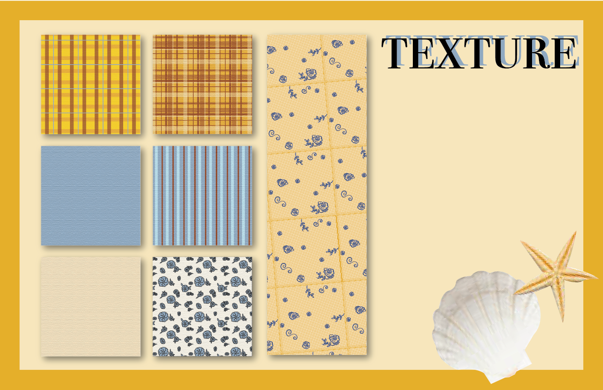 A selection of eight fabric textures in yellow, beige, and blue tones, arranged in two columns, with the word 'TEXTURE' in large black font in the top right corner. There is a seashell and a starfish at the bottom right corner.