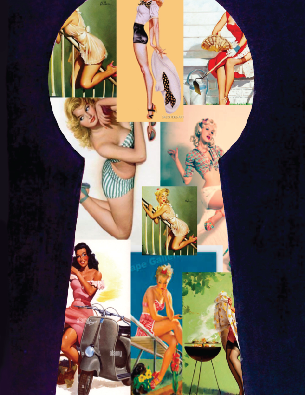 A collage of vintage photos of women in 1950s style clothing, with one central image of a woman sitting on a bench, surrounded by others in various poses, all framed within a keyhole-shaped cutout.