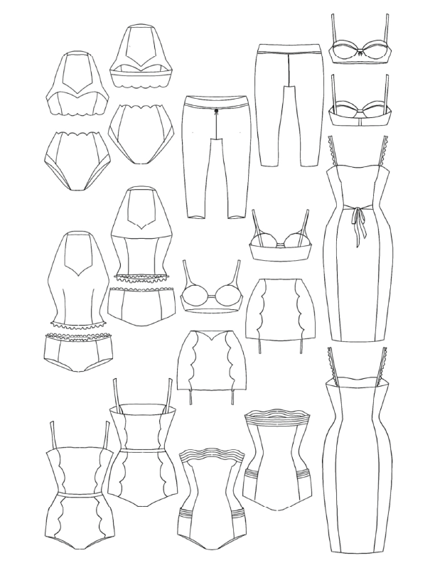 Line drawing of various women’s clothing and lingerie, including bras, panties, tank tops, a dress, pajama shorts, capris, and skirts.