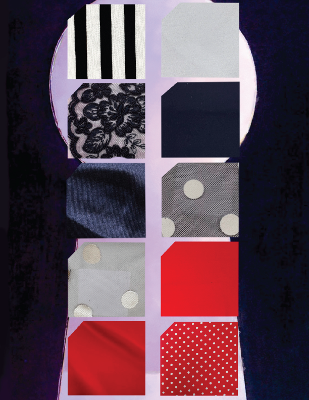 A vertical display of fabric swatches with various patterns and colors, arranged on a purple background, including stripes, lace, solid, polka dots, and textured fabrics.