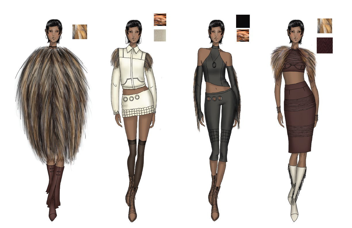 Four fashion sketches of a woman modeling different outfits with fur and leather details, featuring color swatches for each look.