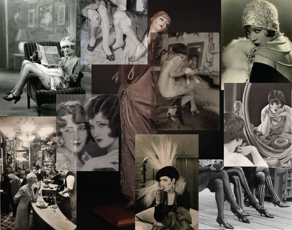 Collage of vintage black and white photos featuring women in 1920s and 1930s fashion. Includes women reading, applying makeup, at a bar, and in stylish clothing with accessories like hats, pearls, and fur.