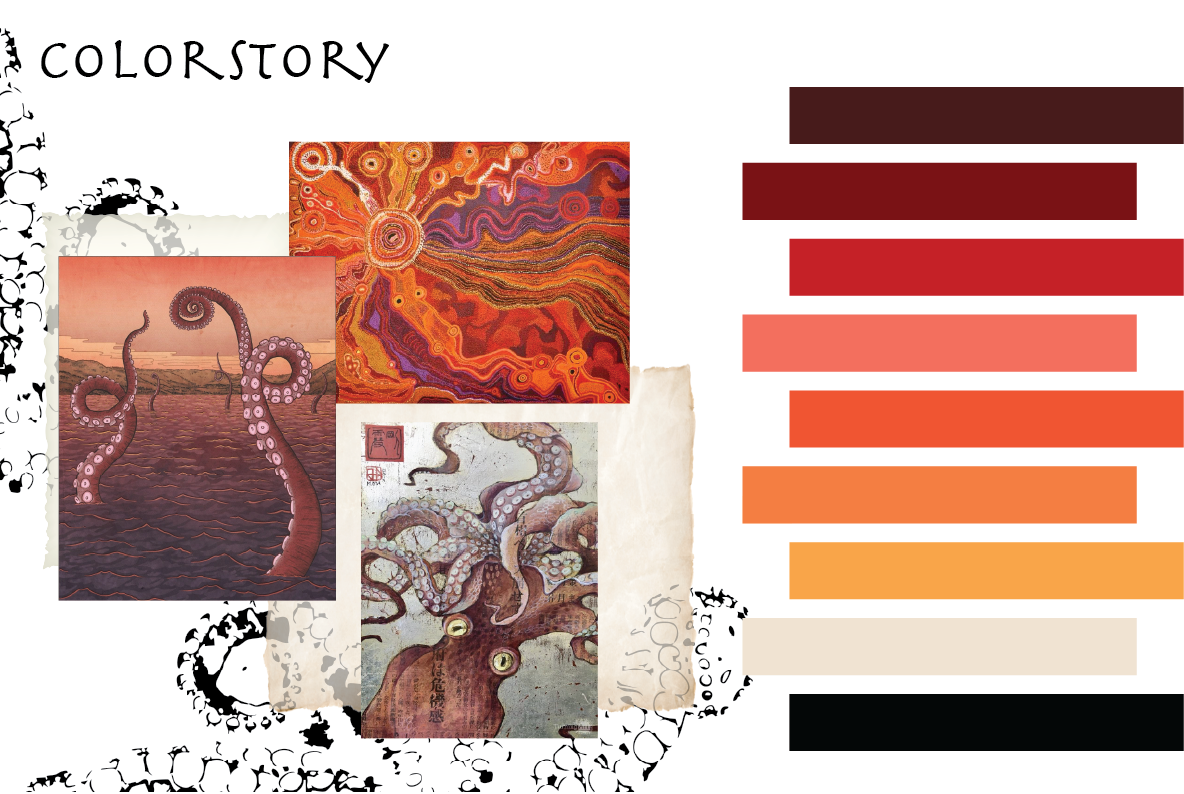A collage of various artworks featuring octopus and squid illustrations, a vibrant abstract swirl of reds and oranges, and a color palette ranging from black to light beige and orange.