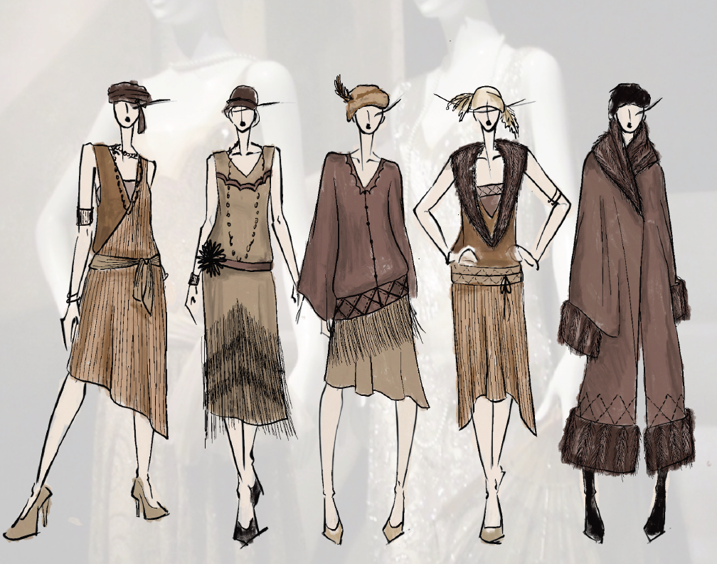Fashion sketches of five women in stylish, earthy-toned clothing with accessories and various hairstyles.