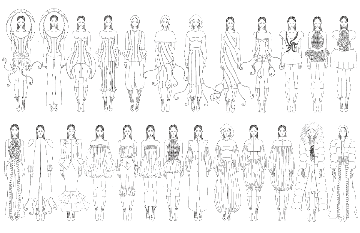 Line drawings of 20 female fashion models showcasing various high fashion outfits and accessories, arranged in two rows.