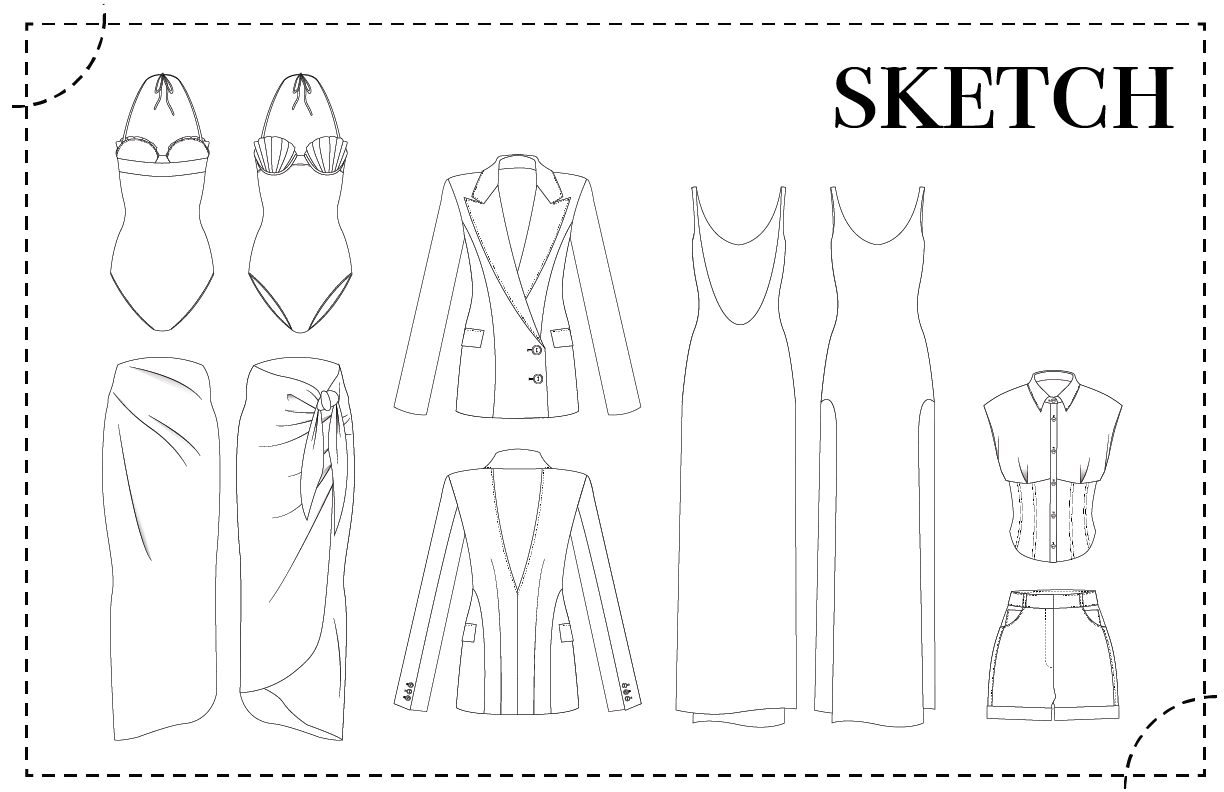 Outline of various women's clothing items, including swimsuits, skirts, blazers, dresses, a blouse, and a skirt, arranged against a black background.