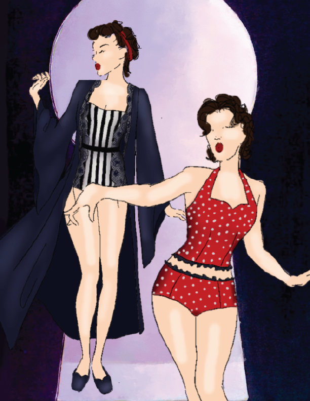 Two women performing on stage or in a dance routine; one wearing a striped outfit with a black cape, the other in a red polka-dot top and shorts.