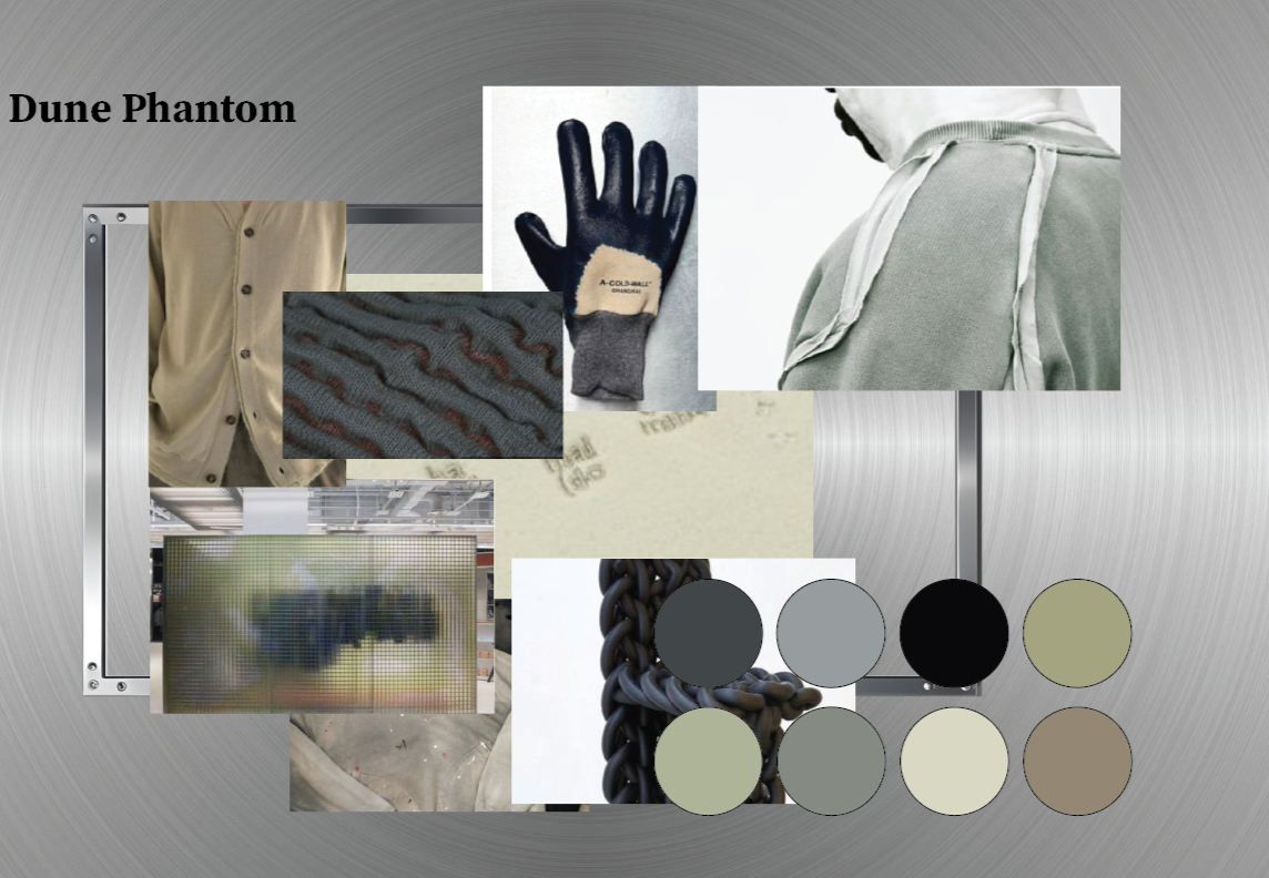 Collage of various fashion and industrial textures, including a beige shirt, a knitted fabric, a black and gray glove, a gray hoodie, a blurred cityscape view, a black chain, and a color palette featuring black, gray, ivory, khaki, and taupe.
