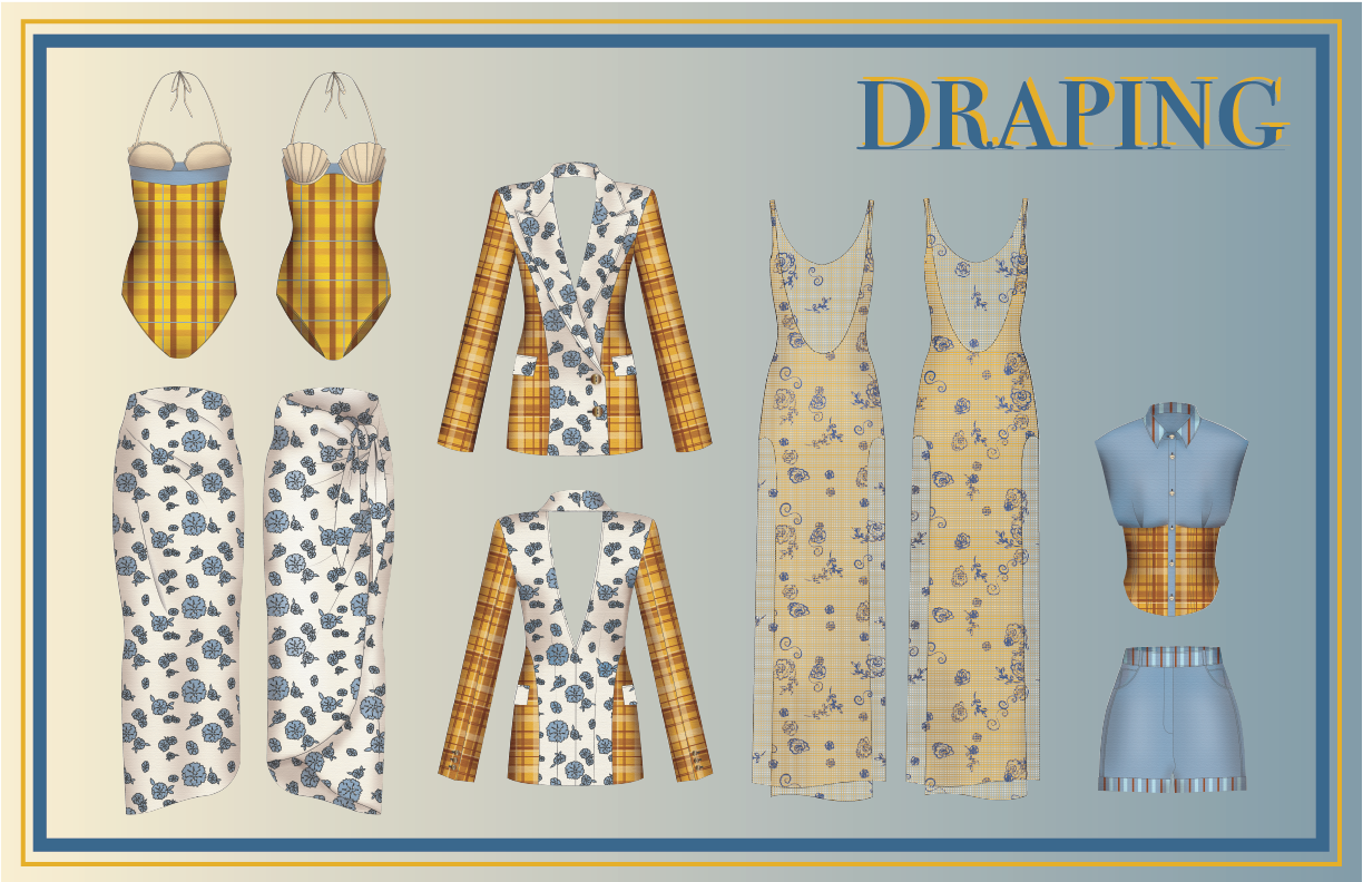 A digital illustration of various fashion clothing patterns and pieces for draping, including dresses, skirts, blouses, and jackets with plaid, floral, and abstract designs displayed on a light blue and cream background.