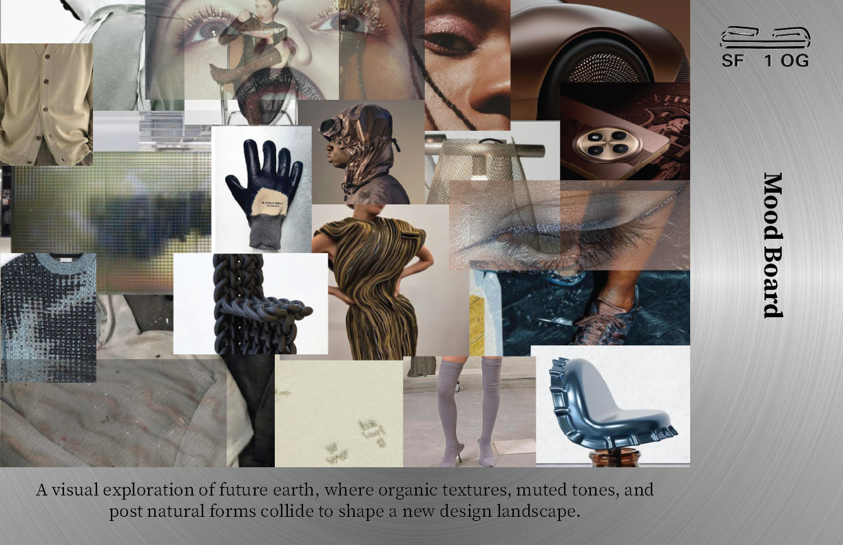 Collage of futuristic and organic textures, fashion, and technology items, with the title 'Mood Board' and a description about exploring future earth through organic textures, muted tones, and post-natural forms.