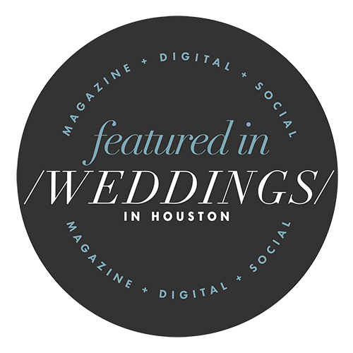 Circular logo featuring the text 'featured in WEDDINGS in Houston', with surrounding words 'MAGAZINE', 'DIGITAL', and 'SOCIAL'.