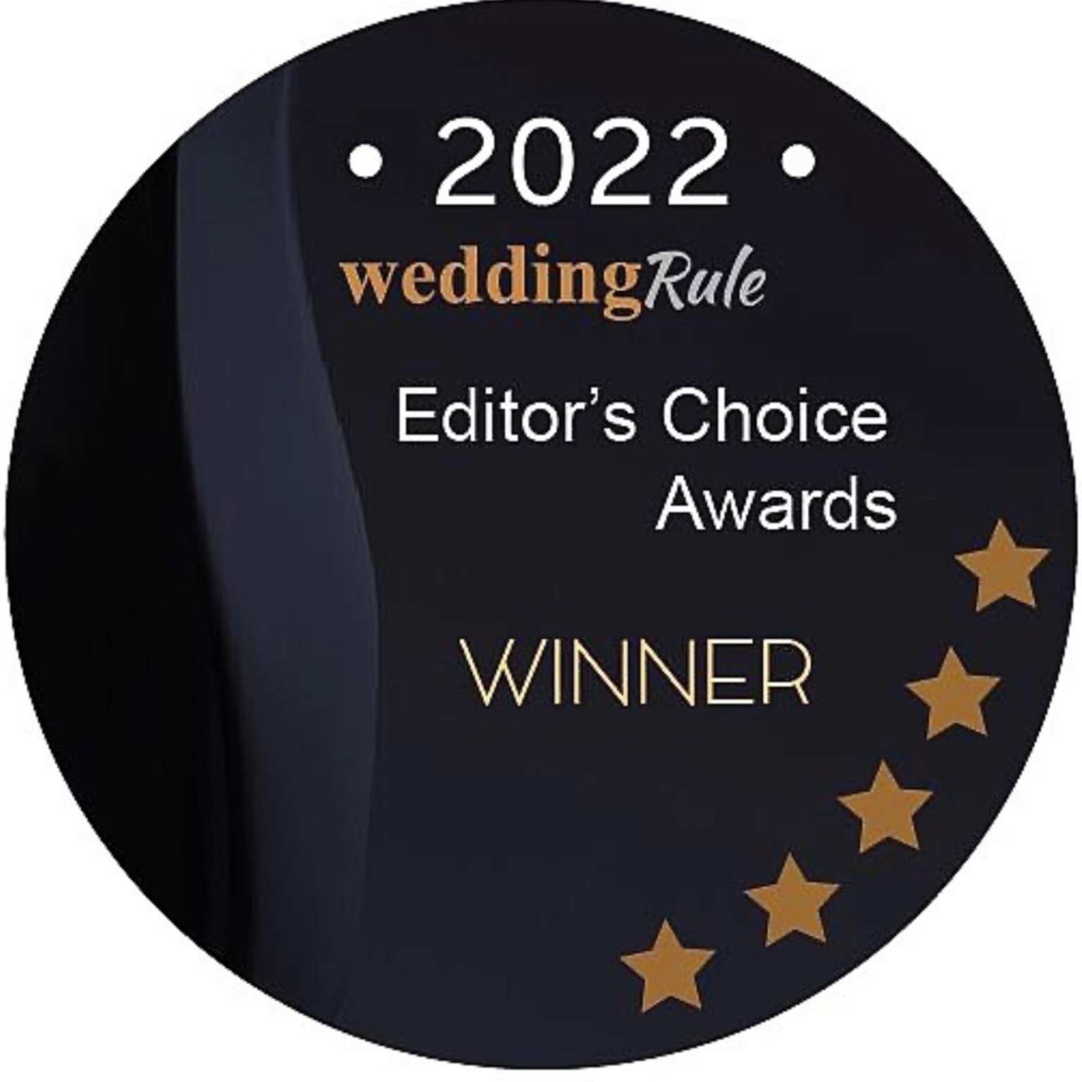 Black circular award badge with gold stars and text indicating 2022 Wedding Rule Editor's Choice Awards winner.