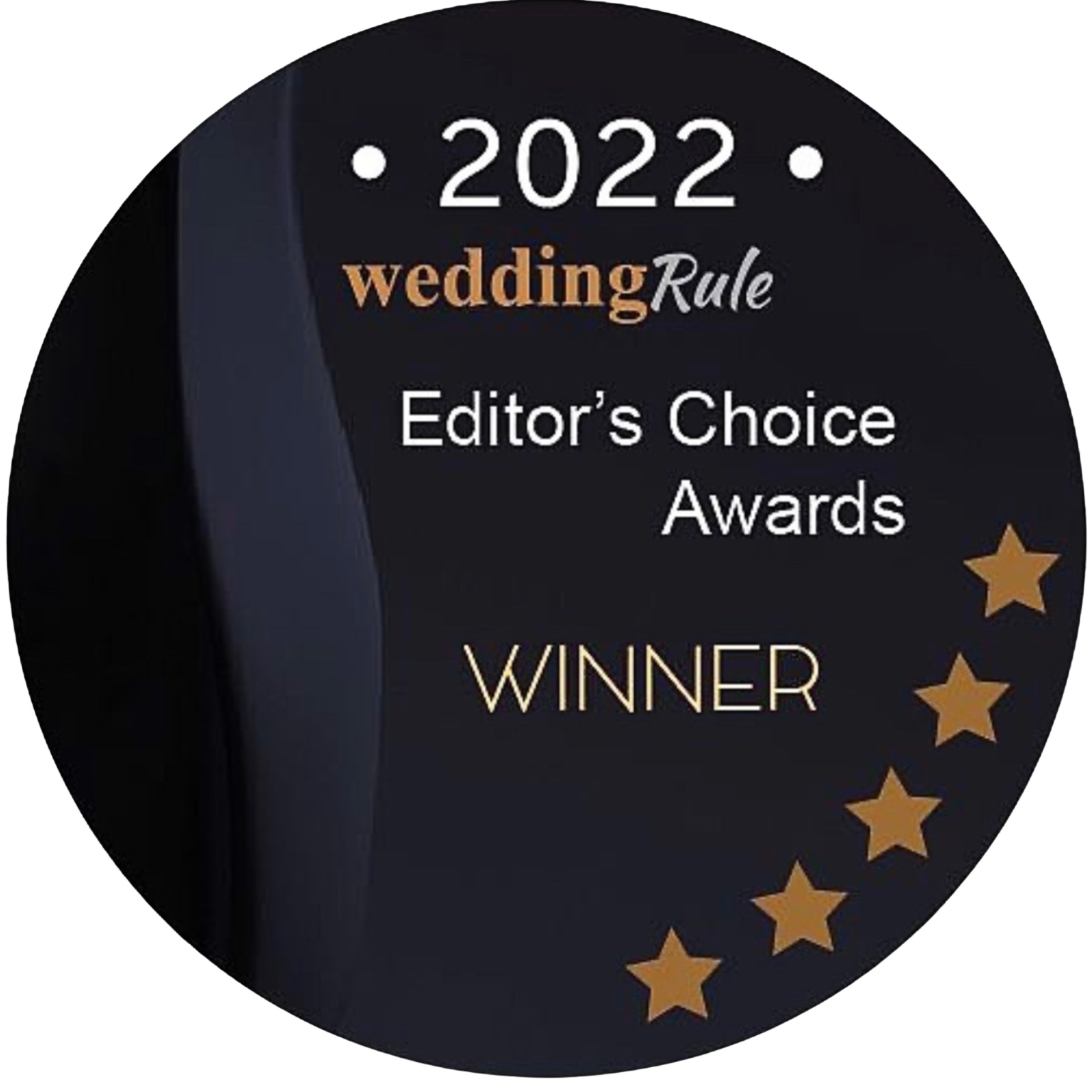 A round black award badge with gold stars on the right side, stating '2022 wedding Rule Editor's Choice Awards WINNER'.