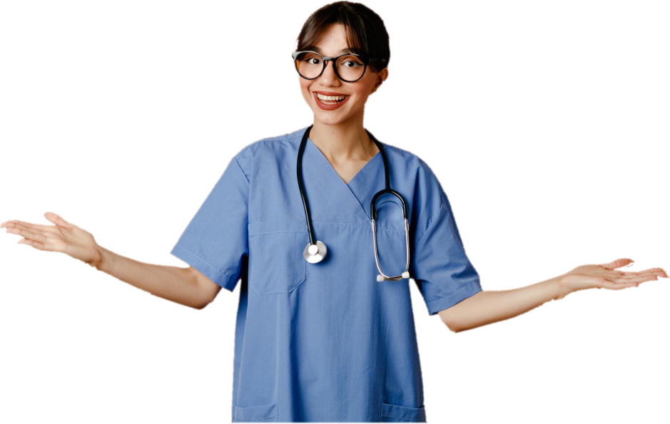 A young woman dressed as a nurse in blue scrubs with a stethoscope around her neck, smiling, with arms out to the sides against a plain red background.
